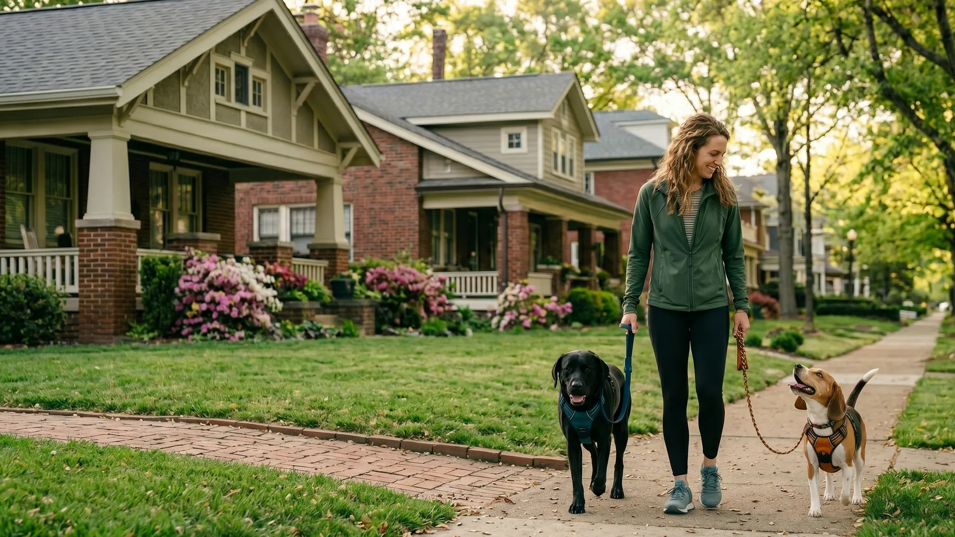 Woman walking two dogs along a tree-lined Charlotte sidewalk